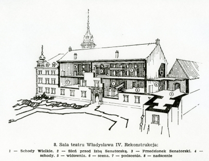 rys.5.    Sala teatru Władysława IV w skrzydle południowym Zamku. Rekonstrukcja, oprac. J. Lileyko, rys. W. Olszowicz.